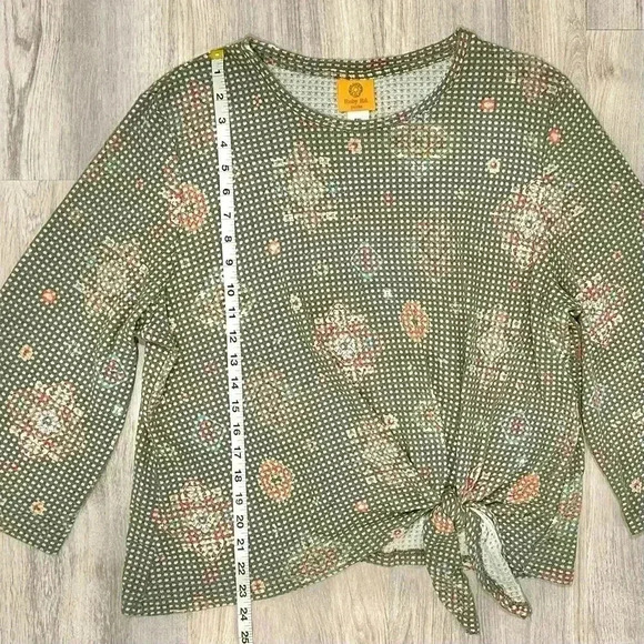 Ruby Rd Knot Front Waffle Knit Top 3/4 Sleeve Green Pattern Shirt Size XL Petite - Picture 2 of 7